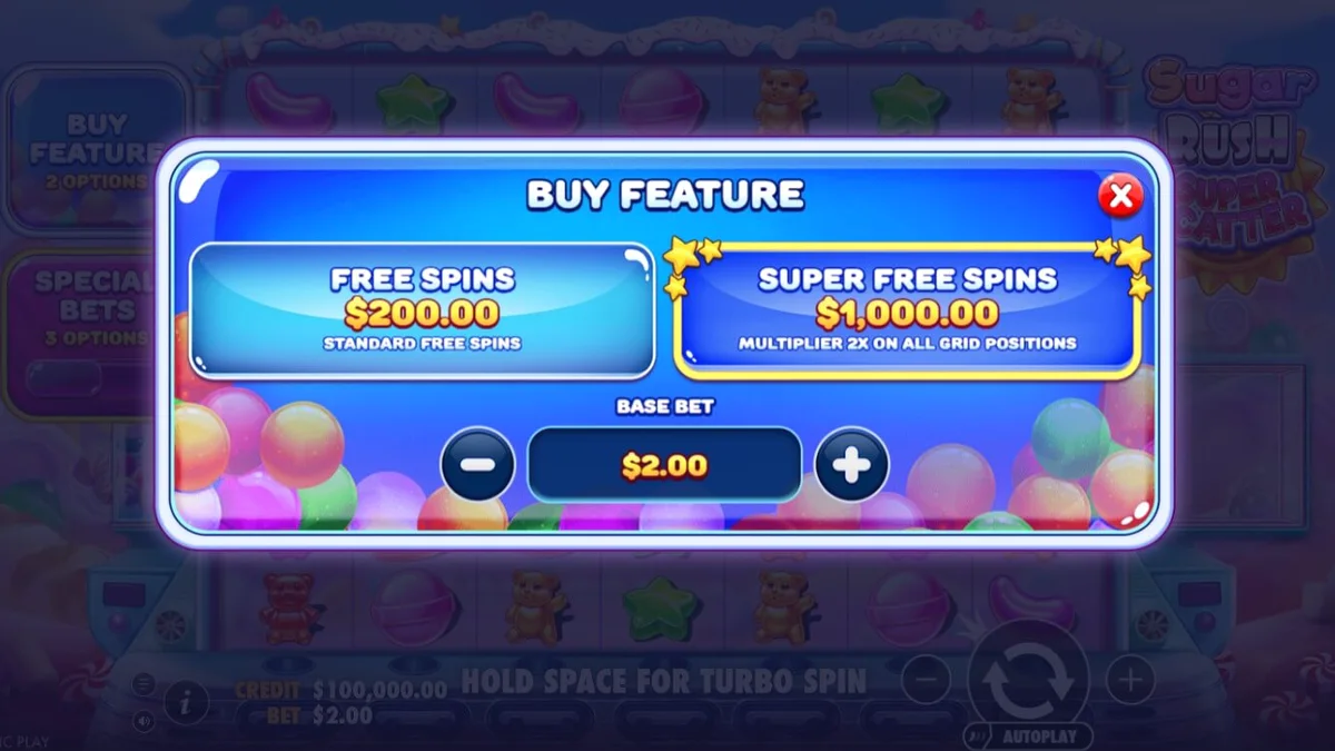 Tampilan visual slot Sugar Rush Super Scatter dengan grid 7x7 yang penuh warna