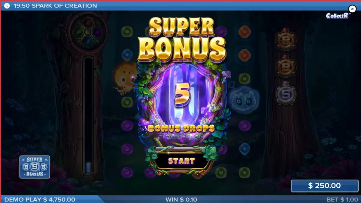 Pemandangan magis hutan dalam slot Spark of Creation dengan elemen makhluk elemental yang lucu.
