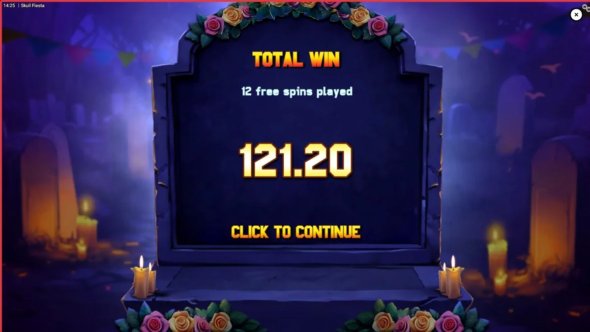 Tampilan visual slot Skull Fiesta dengan tema Day of the Dead yang penuh warna dan simbol tengkorak.